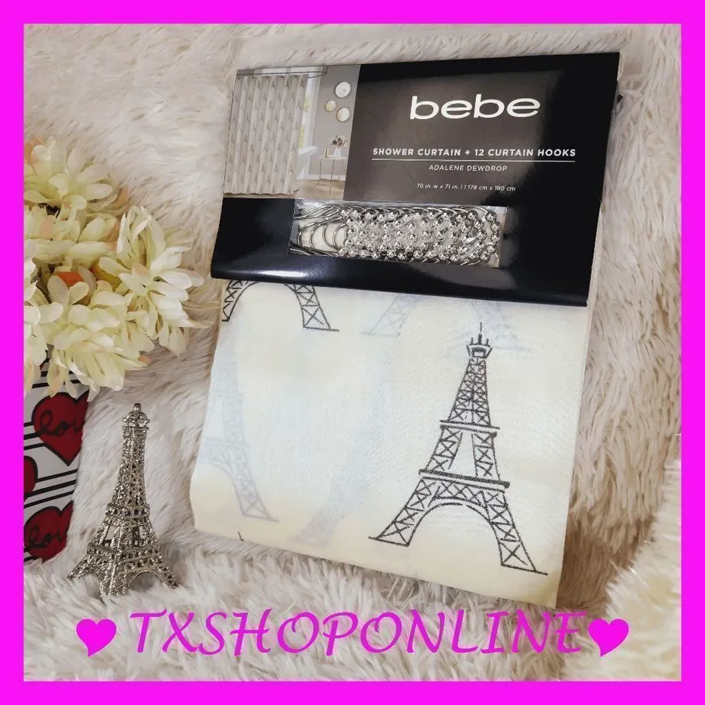 { bebe } Paris shower curtain + 12 curtain hooks NWT